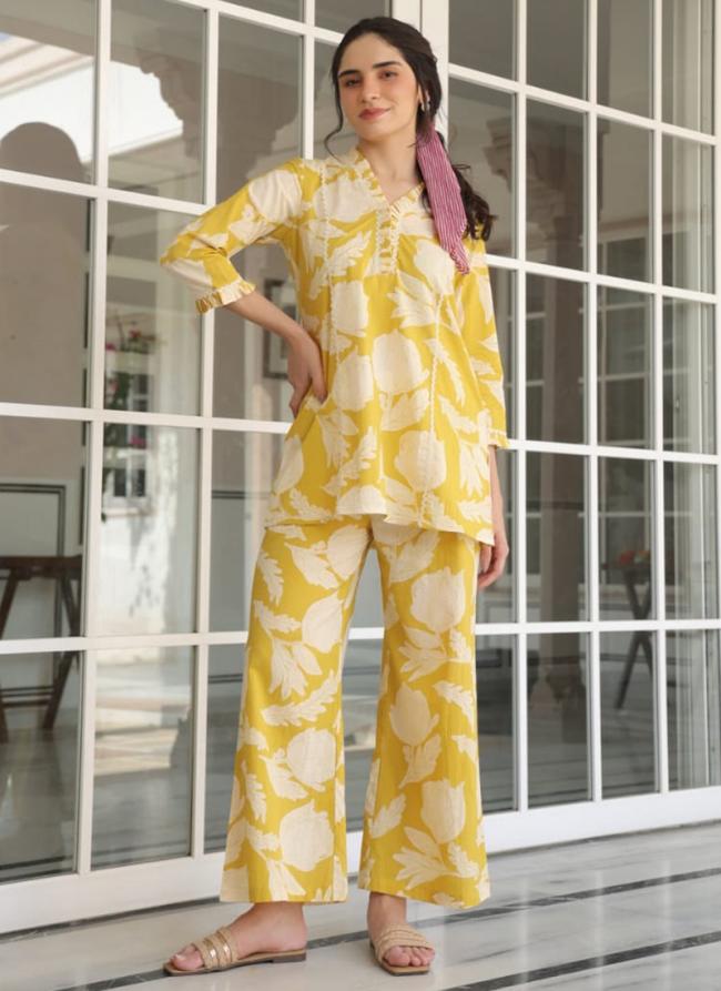 Cotton Yellow Casual Wear Printed Readymade Cord Set